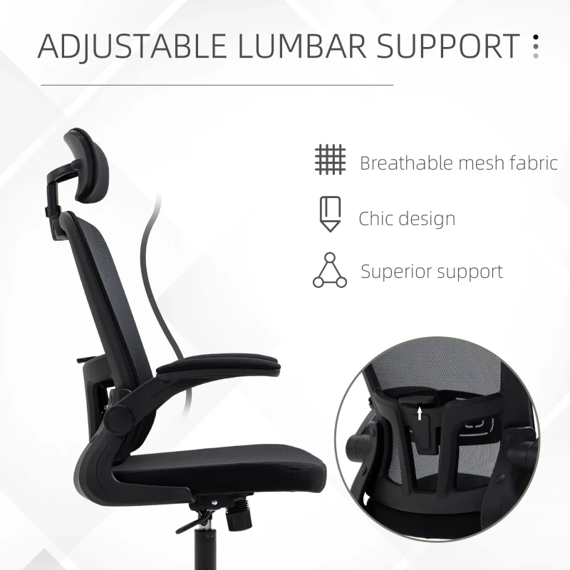 Vinsetto High Back Mesh Chair, Home Office Task Computer Chair with Adjustable Height, Lumbar Back Support, Headrest, and Arms, Black
