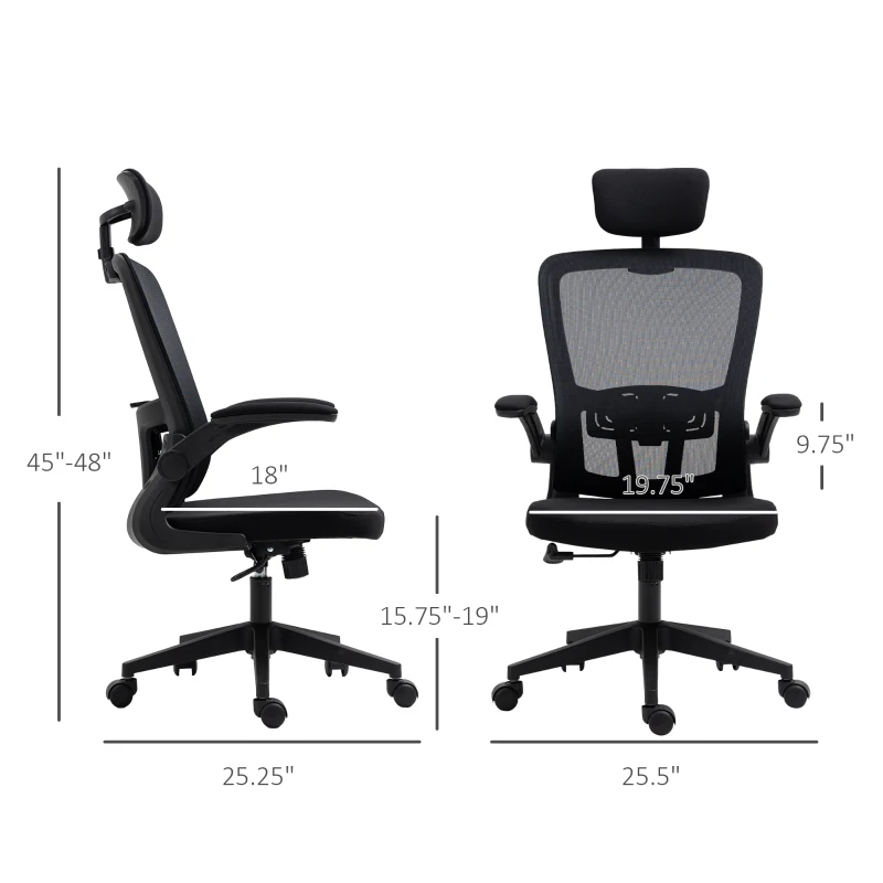Vinsetto High Back Mesh Chair, Home Office Task Computer Chair with Adjustable Height, Lumbar Back Support, Headrest, and Arms, Black