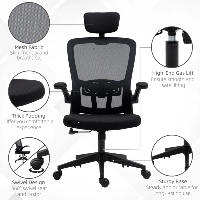 Vinsetto High Back Mesh Chair, Home Office Task Computer Chair with Adjustable Height, Lumbar Back Support, Headrest, and Arms, Black