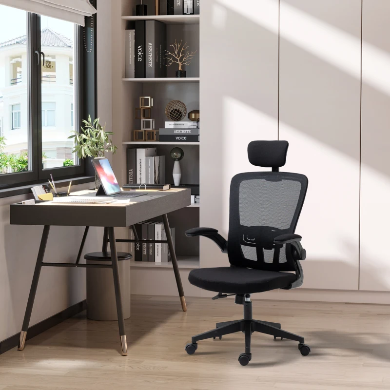 Vinsetto High Back Mesh Chair, Home Office Task Computer Chair with Adjustable Height, Lumbar Back Support, Headrest, and Arms, Black
