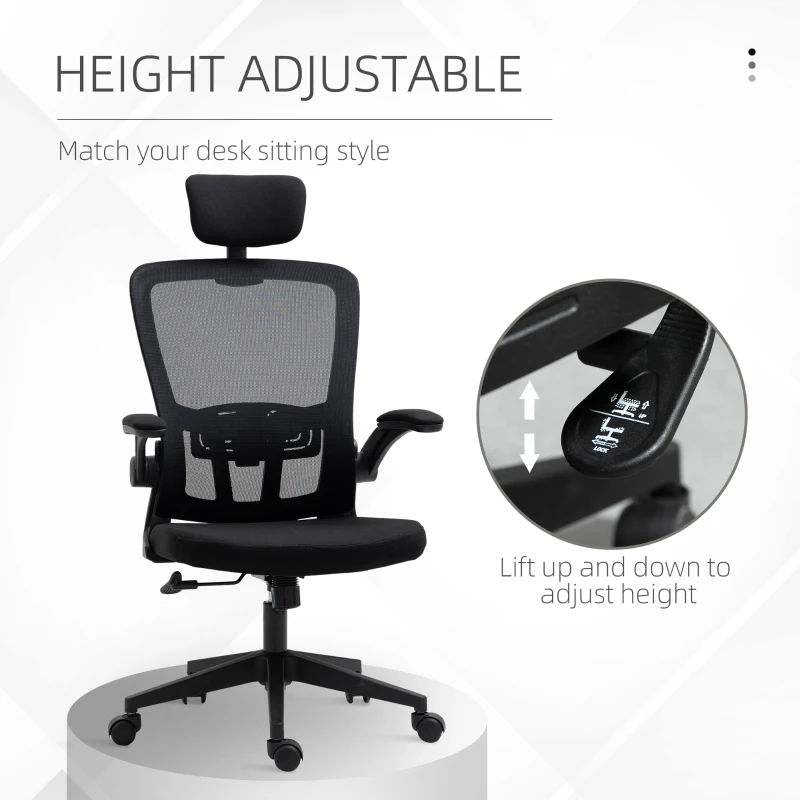 Vinsetto High Back Mesh Chair, Home Office Task Computer Chair with Adjustable Height, Lumbar Back Support, Headrest, and Arms, Black