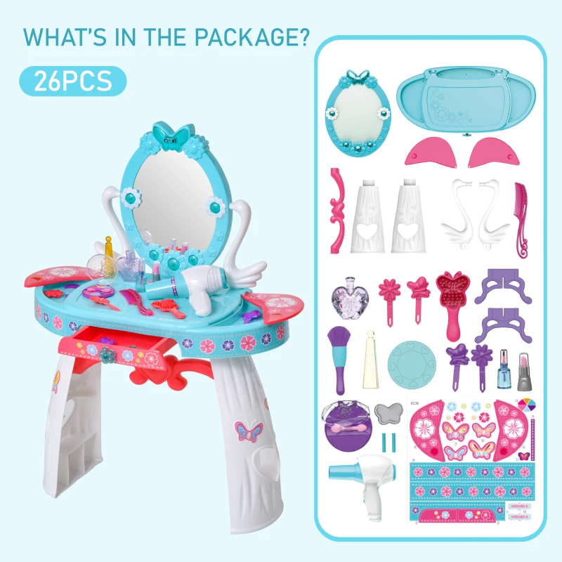 Qaba Kids Vanity Table and Stool Beauty Pretend Play Set with Mirror Lights Sounds & Pretend Beauty Makeup Accessories for Girls 3+ Years Old Blue