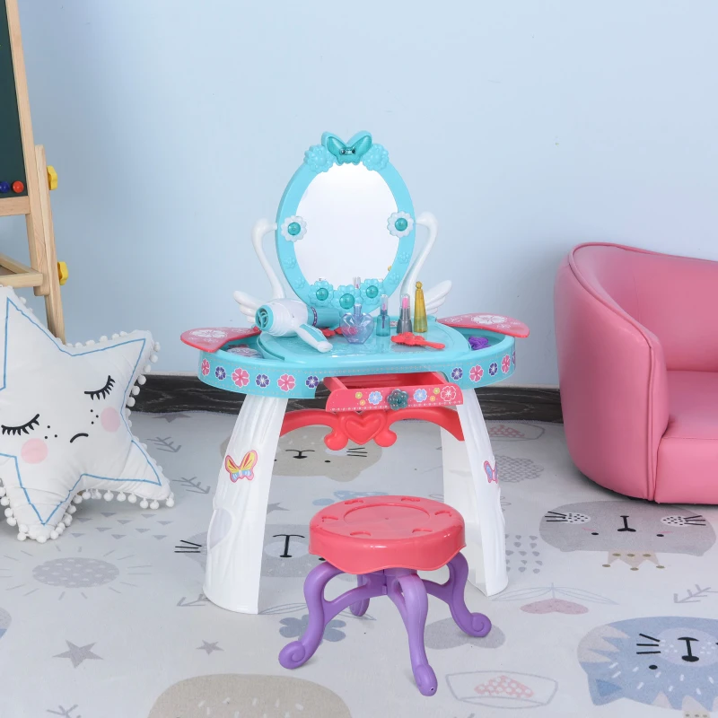 Qaba Kids Vanity Table and Stool Beauty Pretend Play Set with Mirror Lights Sounds & Pretend Beauty Makeup Accessories for Girls 3+ Years Old Blue