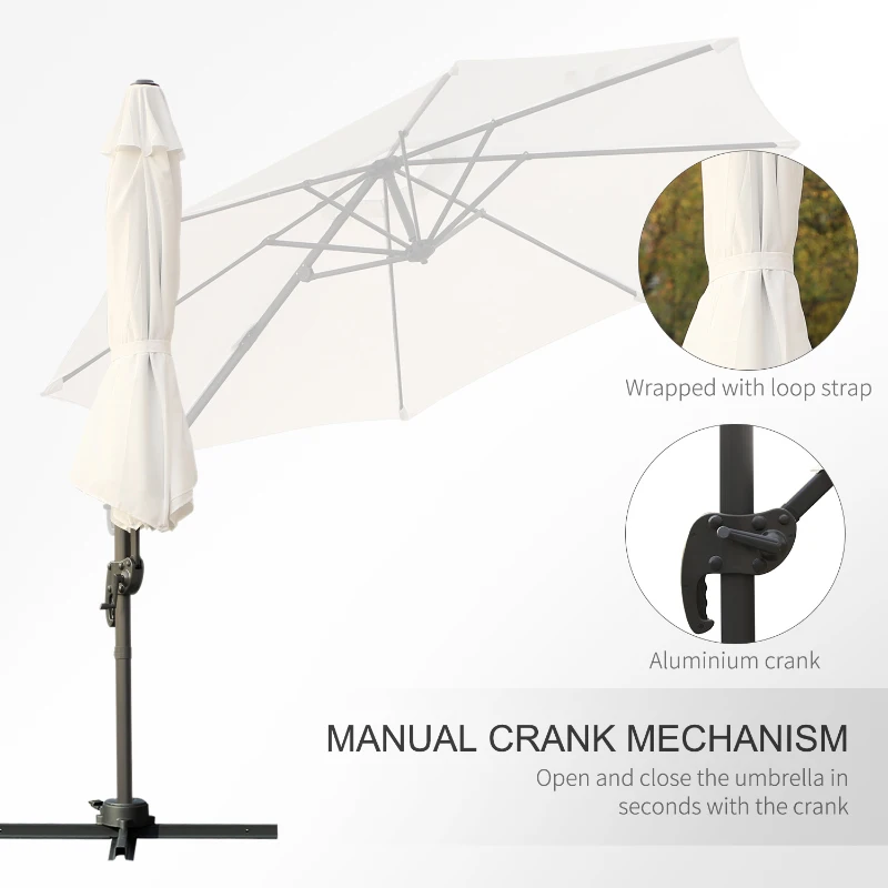 Outsunny Φ9.6' Round Patio Hanging Offset Umbrella Outdoor Cantilever Crank Market Parasol Garden Sun Canopy Shelter 360° Rotation, Cream White