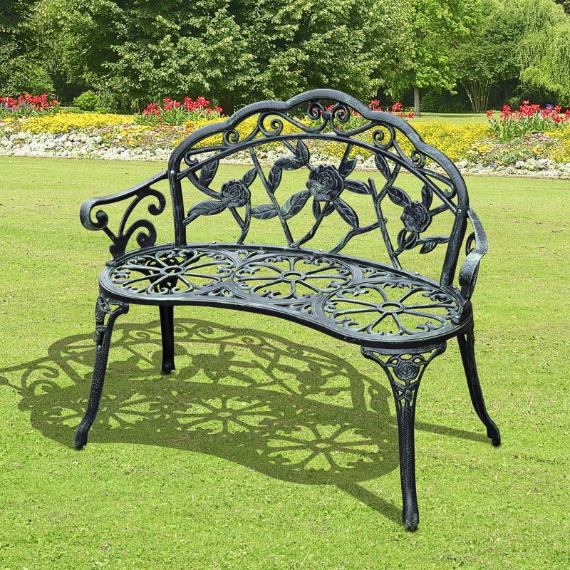 Outsunny 40" Outdoor Garden Bench, Cast Aluminum Antique Rose Style Patio Garden Park Loveseat Bench, Antique Green