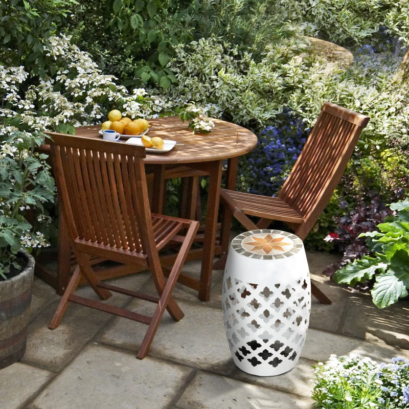 Outsunny 12" Patio Round Side Table, Outdoor Footstool, Garden Mosaic Accent Side Table, Plant Stand, White