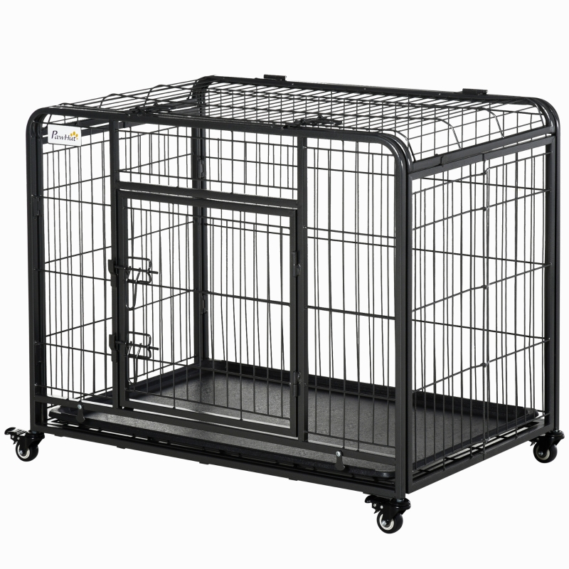 PawHut Folding Design Metal Dog Crate & Heavy Duty Kennel with Removable Tray 4 Locking Wheels 37" x 22.75" x 27.25"