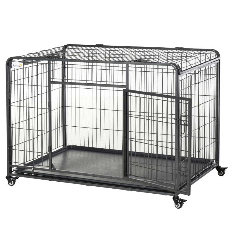 PawHut Heavy Duty Folding Design Metal Dog Crate & Kennel with Removable Tray & 4 Locking Wheels 49.25" x 30" x 32"