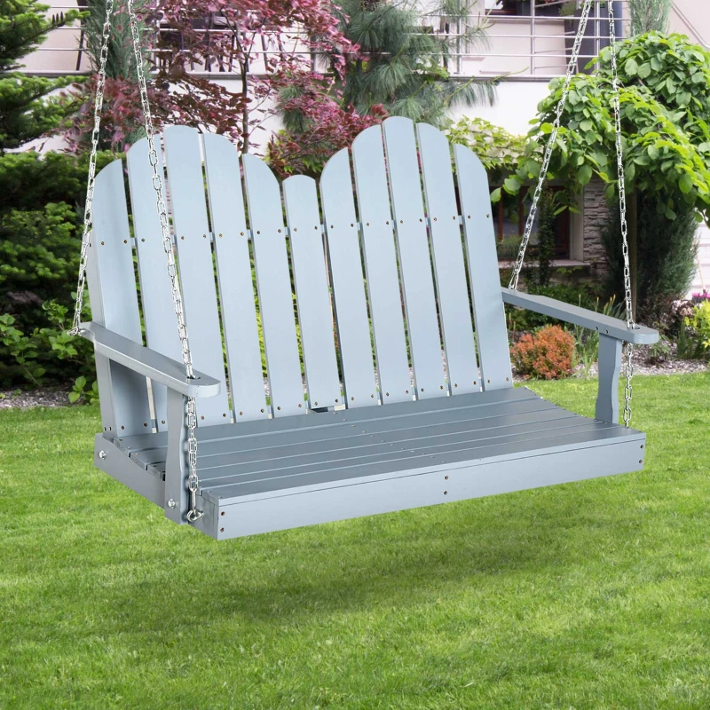 Outsunny 47'' 2-Seater Hanging Porch Swing, Outdoor Patio Swing Bench with Wooden Build, Water-Fighting Protection, & Classic Style, 440 lb Weight Capacity, Grey