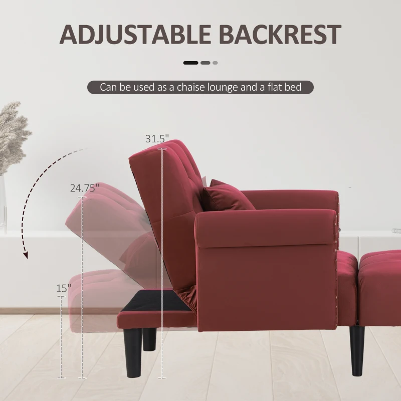 HOMCOM Wine Red Reclining Sofa Bed with Adjustable Backrest & Wooden Legs, Modern Relaxing Lounge Chair for Living Room or Office