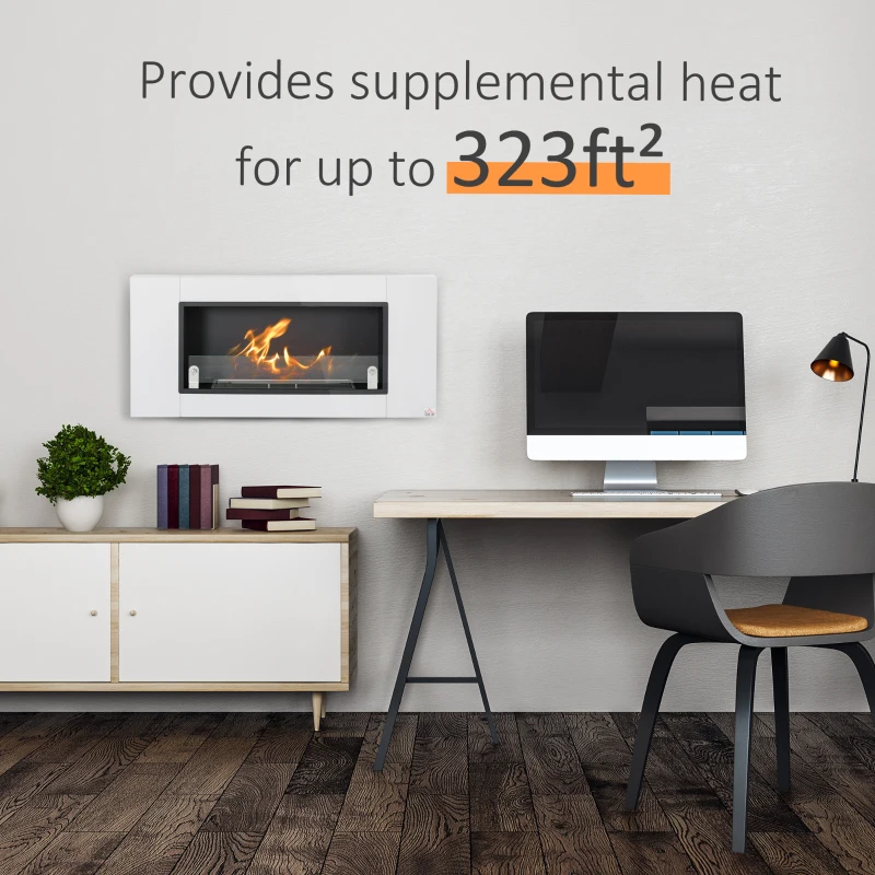 HOMCOM Ethanol Fireplace, 43.25" Wall-Mounted 0.73 Gal Stainless Steel Max 323 Sq. Ft., Burns up to 4 Hours, White