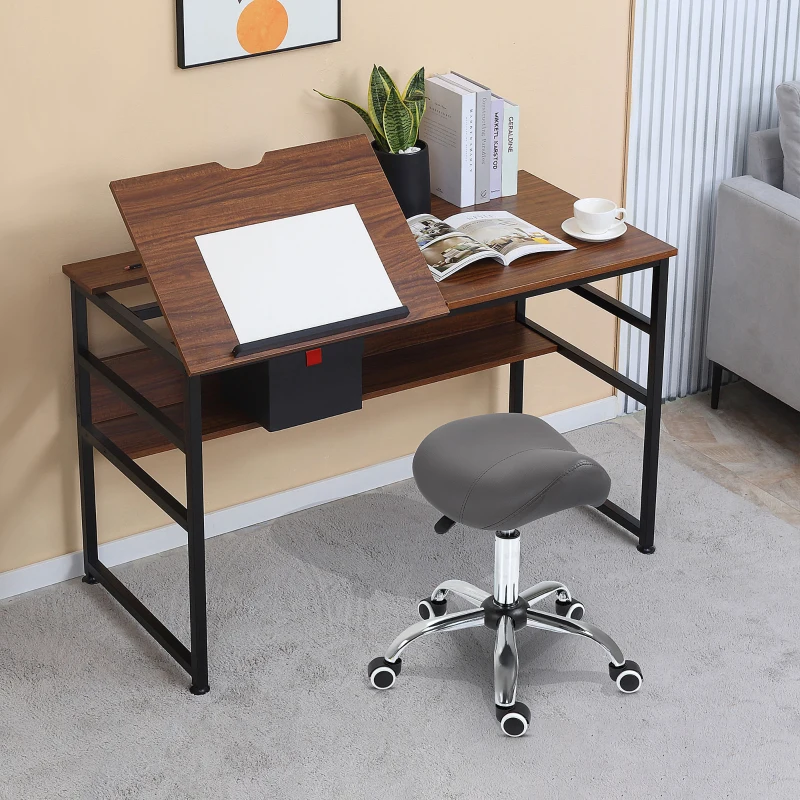 HOMCOM Drafting Table, Adjustable Drawing Desk, Multifunctional Writing Desk with 15-Level Tiltable Tabletop and Storage Shelf for Home Office, Walnut