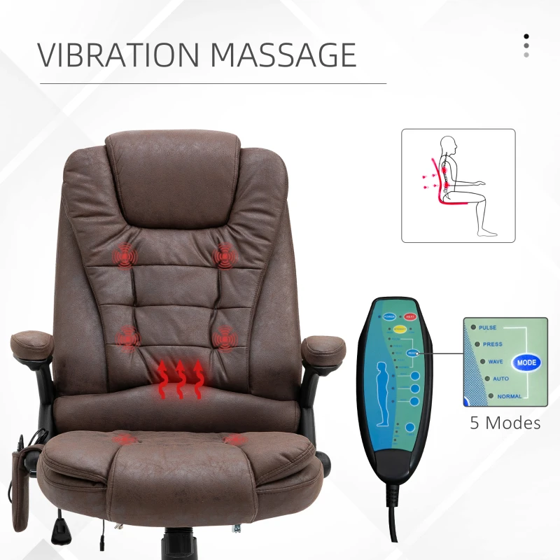 Vinsetto 6 Point Vibration Massage Office Chair with Heat, High Back Executive Office Chair with Padded Armrests, Microfiber Reclining Computer Chair, Coffee
