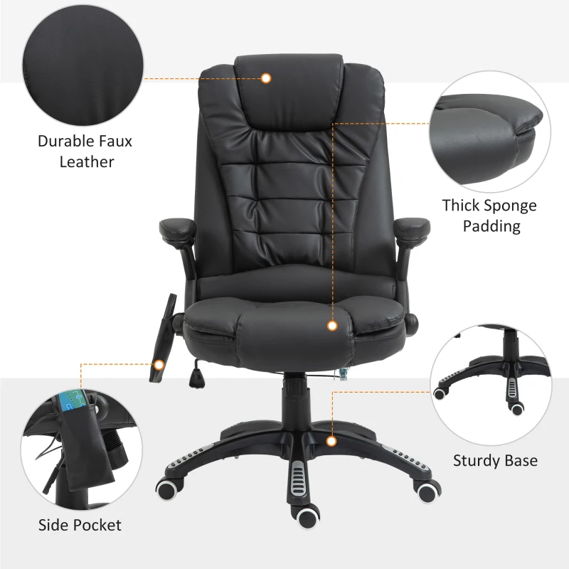 HOMCOM Heated Massage Chair PU Leather High-Back Executive Ergonomic Vibrating Office Chair, Black
