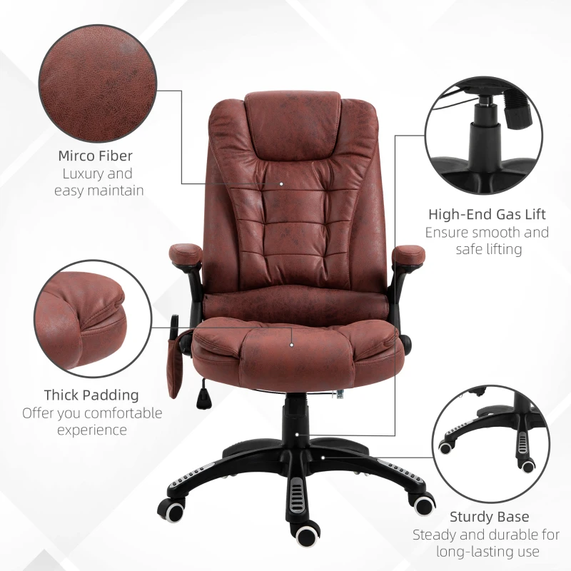 Vinsetto 6 Point Vibration Massage Office Chair with Heat, High Back Executive Office Chair with Padded Armrests, Microfiber Reclining Computer Chair, Red
