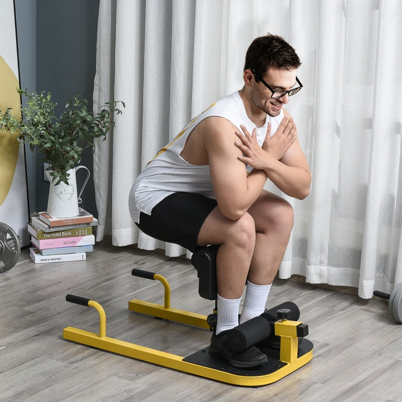 Soozier Multifunction Adjustable Squat Machine Deep Sissy Squat Leg Exerciser Push Up Ab Strength Training Home Gym Workout Yellow