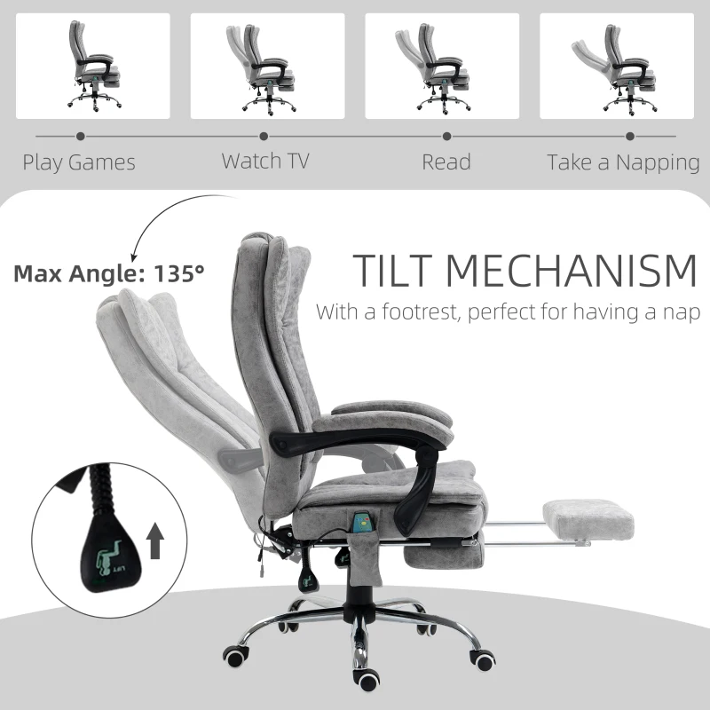Vinsetto Microfiber Office Chair, High Back Computer Chair with 6 Point Massage, Heat, Adjustable Height and Retractable Footrest, Grey