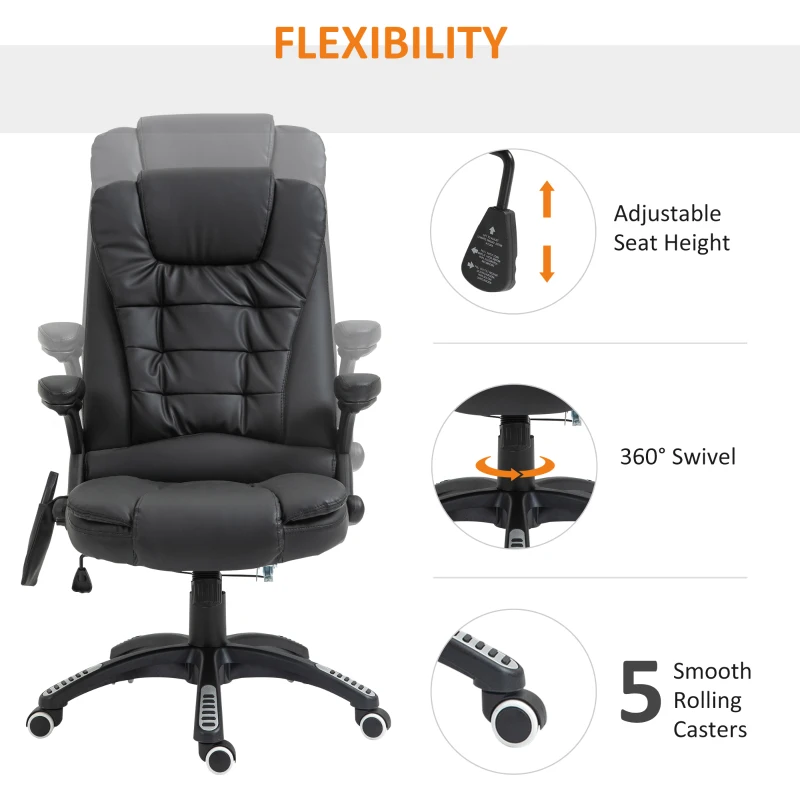 HOMCOM Heated Massage Chair PU Leather High-Back Executive Ergonomic Vibrating Office Chair, Black