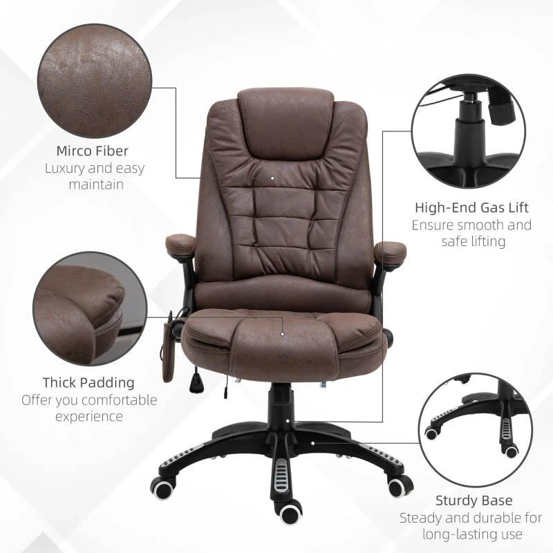 Vinsetto 6 Point Vibration Massage Office Chair with Heat, High Back Executive Office Chair with Padded Armrests, Microfiber Reclining Computer Chair, Coffee