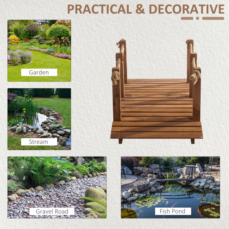 Outsunny 5FT Wooden Garden Bridge Outdoor Decorative Arc Footbridge with Hemp Rope Railings & Fir Construction, Orange