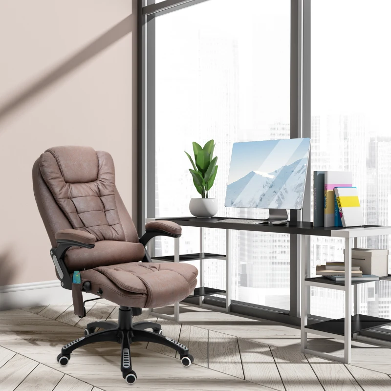 Vinsetto 6 Point Vibration Massage Office Chair with Heat, High Back Executive Office Chair with Padded Armrests, Microfiber Reclining Computer Chair, Coffee