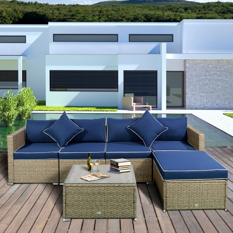 Outsunny 6 Piece Outdoor Patio Wicker Sofa Set Sectional Furniture Chair Conversation Set with Cushions and Tea Table, Navy Blue