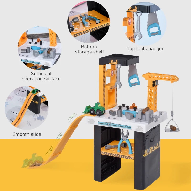 Qaba 54 Pieces Kids Tool Workbench, Toddler Pretend Play Construction Tool Toy with Cars and Slides for Ages 3+