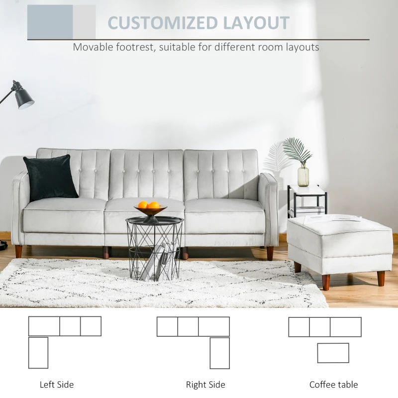 HOMCOM Upholstered L-Shaped Sofa Bed, Reversible Sectional Recliner Sofa Set, Velvet-Touch Sleeper Futon with Footstool, Grey