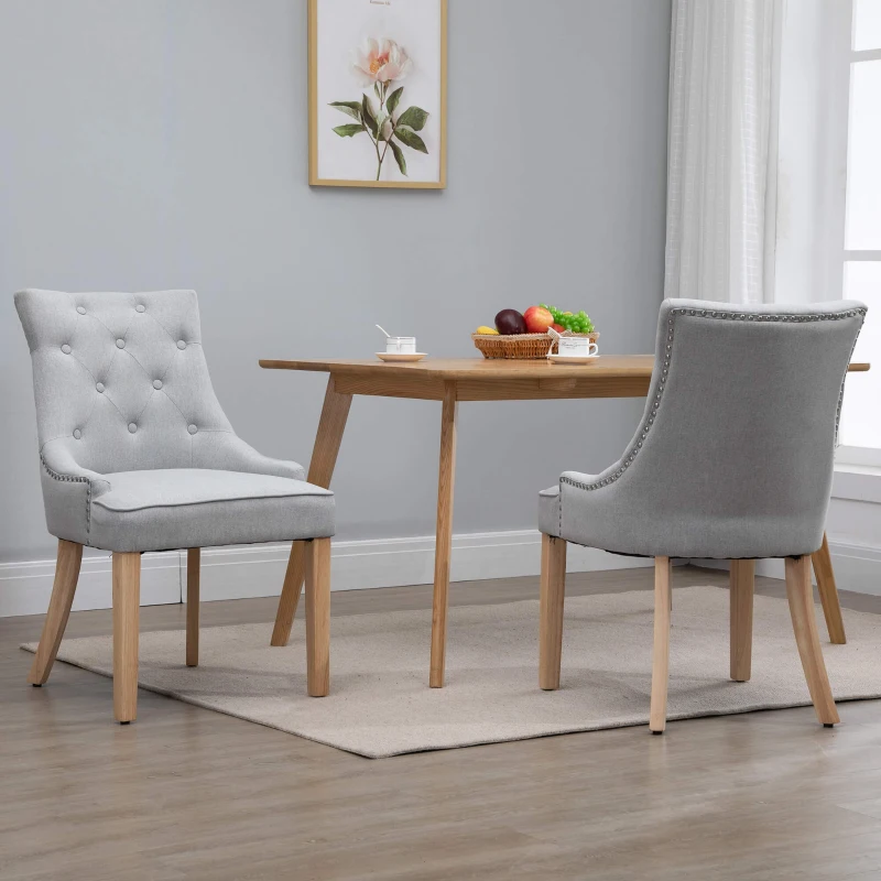 HOMCOM 2 Piece Fabric Dining Chairs Set of 2, Leisure Padded Accent Chair with Armrest, Solid Wooden Legs, Light Grey