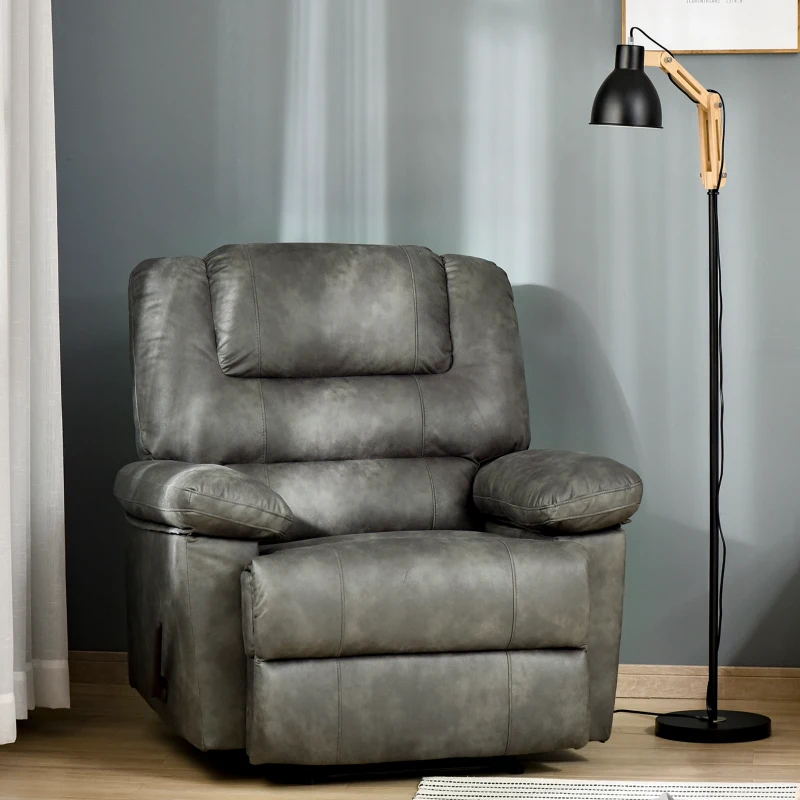 HOMCOM Manual Recliner Chair Overstuffed Single Sofa with Wide Cushioned Seat, Flip-Up Storage Armrests, 2 Cup Holders and Oversized Headrest, Grey