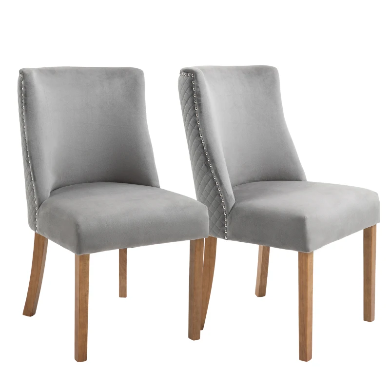 HOMCOM Modern Dining Chairs Set of 2 with High Back, Dining Room Chairs with Nailhead Trim, Upholstered Seats and Solid Wood Legs for Kitchen, Light Grey