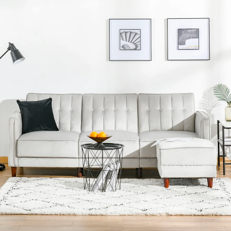 HOMCOM Upholstered L-Shaped Sofa Bed, Reversible Sectional Recliner Sofa Set, Velvet-Touch Sleeper Futon with Footstool, Grey