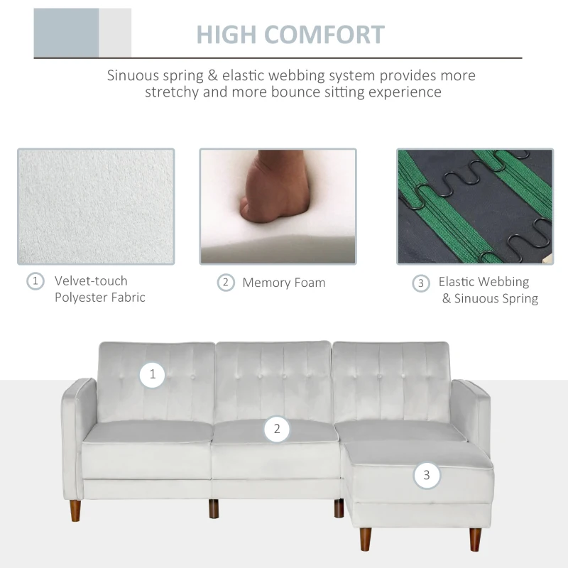 HOMCOM Upholstered L-Shaped Sofa Bed, Reversible Sectional Recliner Sofa Set, Velvet-Touch Sleeper Futon with Footstool, Grey