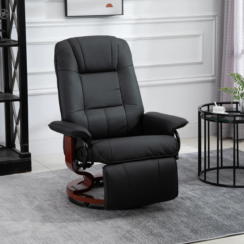 HOMCOM Faux Leather Manual Recliner, Adjustable Swivel Lounge Chair with Footrest, Armrest and Wrapped Wood Base for Living Room - Black
