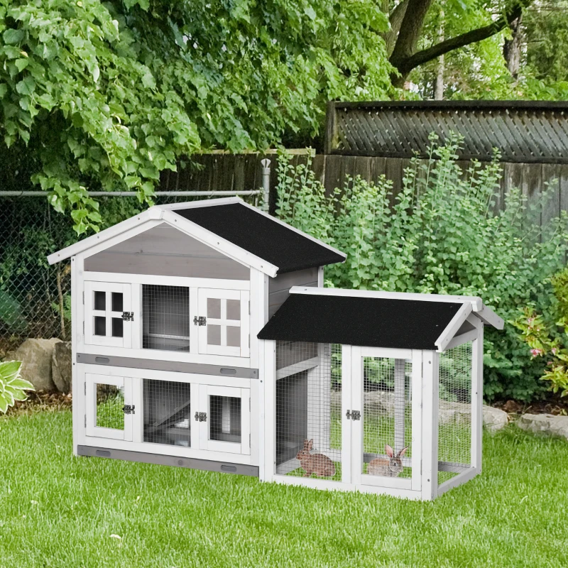 PawHut 59" Wooden Rabbit Hutch 2 Tier Bunny House with Slide-out Tray Ramp, Grey