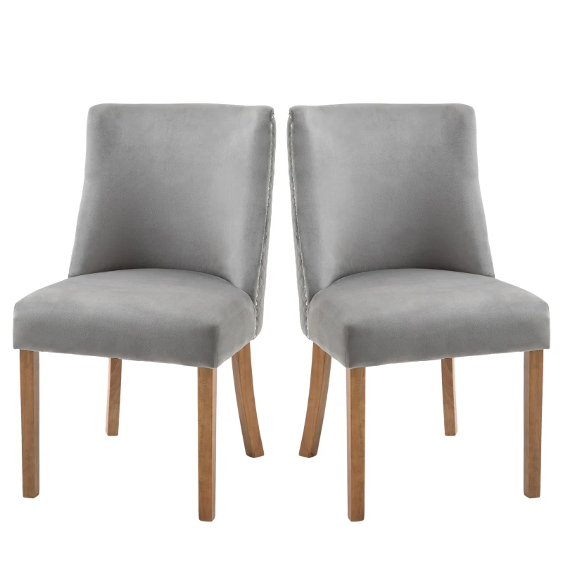 HOMCOM Modern Dining Chairs Set of 2 with High Back, Dining Room Chairs with Nailhead Trim, Upholstered Seats and Solid Wood Legs for Kitchen, Light Grey