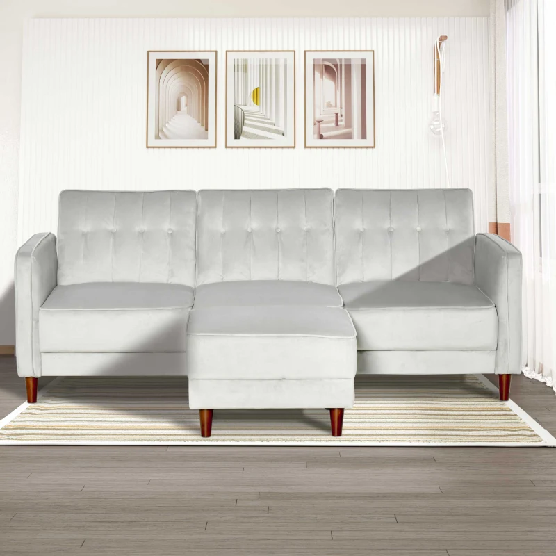 HOMCOM Upholstered L-Shaped Sofa Bed, Reversible Sectional Recliner Sofa Set, Velvet-Touch Sleeper Futon with Footstool, Grey