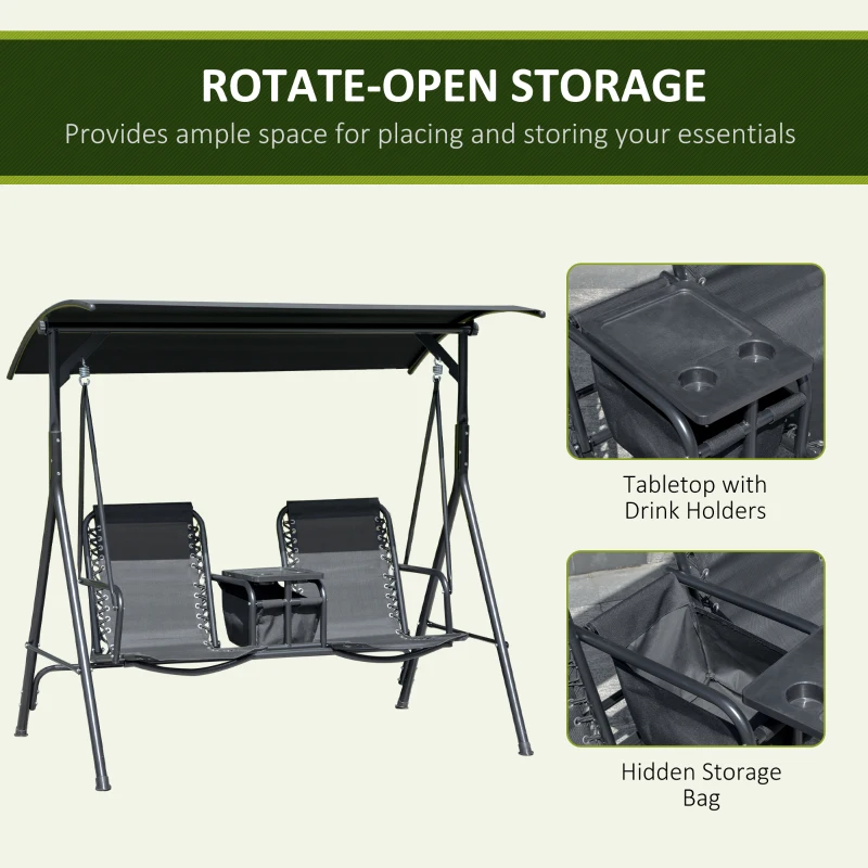 Outsunny 2-Seat Outdoor Porch Swing, with Pivot Storage Table, Cup Holder, & Adjustable Overhead Canopy, Stand's Skid-Resistant Feet Pad, Breathable Mesh Seat, Steel Frame, for Patio, Black