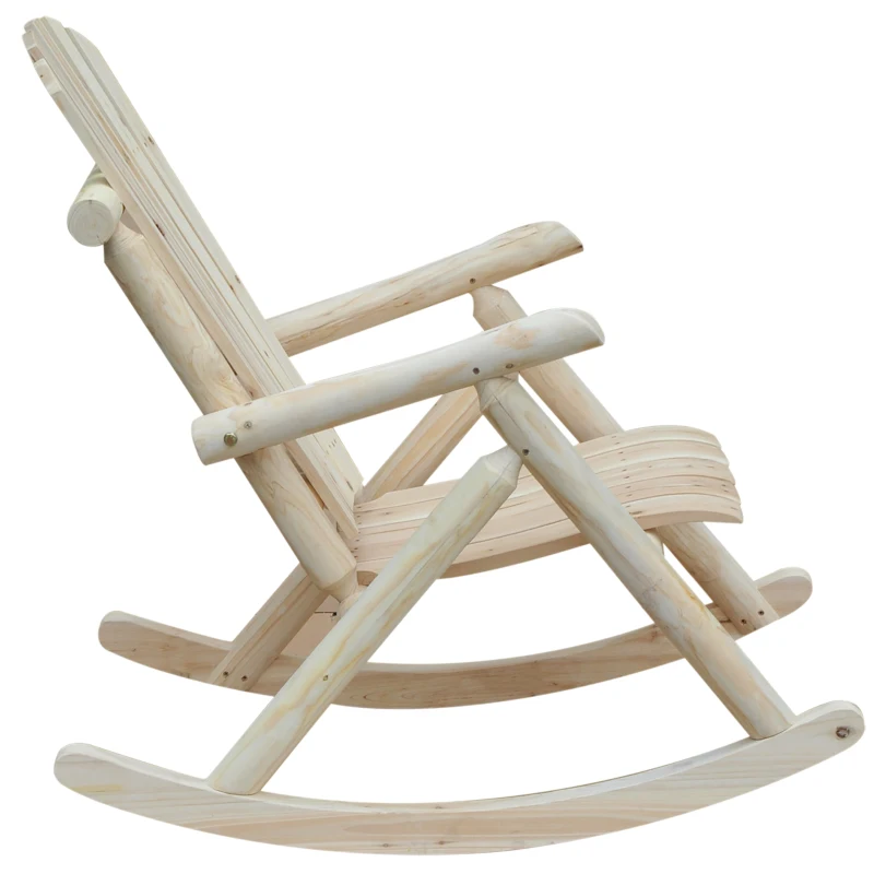 Outsunny 4 Piece Wooden Adirondack Rocking Chair Set, Outdoor Rustic Log Rocker with Slatted Design for Patio, Burlywood