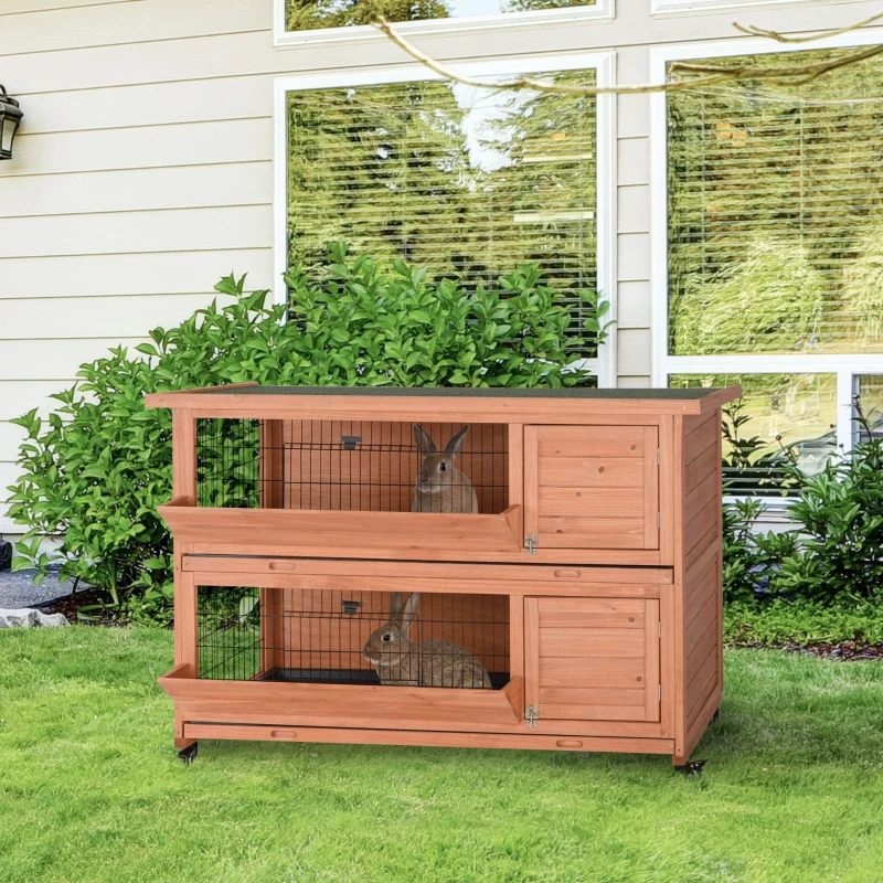 PawHut Outdoor Rabbit Hutch with Wheels, Quick on-the-Go Feeding, Wooden Rabbit Cage, Waterproof, Medium