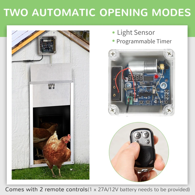 PawHut Automatic Chicken Coop Door with Timer & Light Sensor, Multi-modes Weatherproof Chicken Door with Full Aluminum Body, 6V DC Power Supply/Battery Powered, Silver