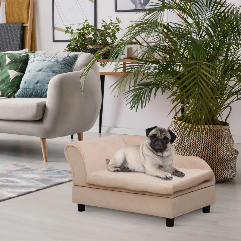 PawHut Pet Sofa Dog Couch Chaise Lounge Pet Bed with Storage Function Small Sized Dog Various Cat Sponge Cushioned Bed Lounge, Beige