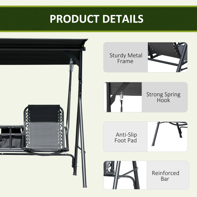 Outsunny 2-Seat Outdoor Porch Swing, with Pivot Storage Table, Cup Holder, & Adjustable Overhead Canopy, Stand's Skid-Resistant Feet Pad, Breathable Mesh Seat, Steel Frame, for Patio, Black