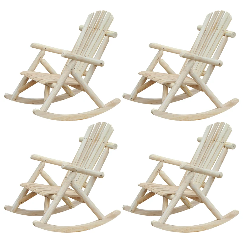 Outsunny 4 Piece Wooden Adirondack Rocking Chair Set, Outdoor Rustic Log Rocker with Slatted Design for Patio, Burlywood