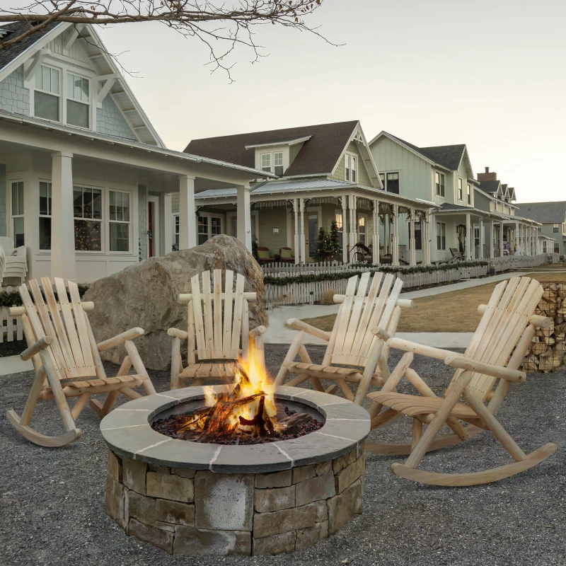 Outsunny 4 Piece Wooden Adirondack Rocking Chair Set, Outdoor Rustic Log Rocker with Slatted Design for Patio, Burlywood