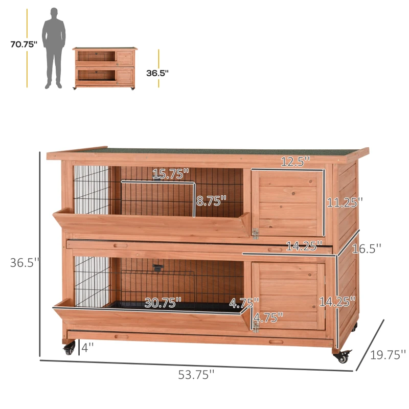 PawHut Outdoor Rabbit Hutch with Wheels, Quick on-the-Go Feeding, Wooden Rabbit Cage, Waterproof, Medium