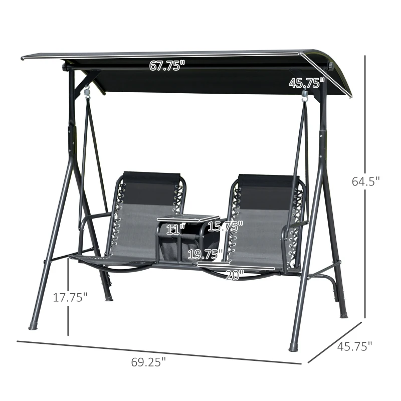 Outsunny 2-Seat Outdoor Porch Swing, with Pivot Storage Table, Cup Holder, & Adjustable Overhead Canopy, Stand's Skid-Resistant Feet Pad, Breathable Mesh Seat, Steel Frame, for Patio, Black