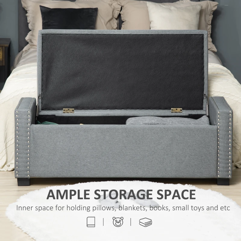 HOMCOM Nailhead Trim Upholstered Flip Top Storage Bench, Fabric Ottoman for Bedroom, or Living room, Light Grey