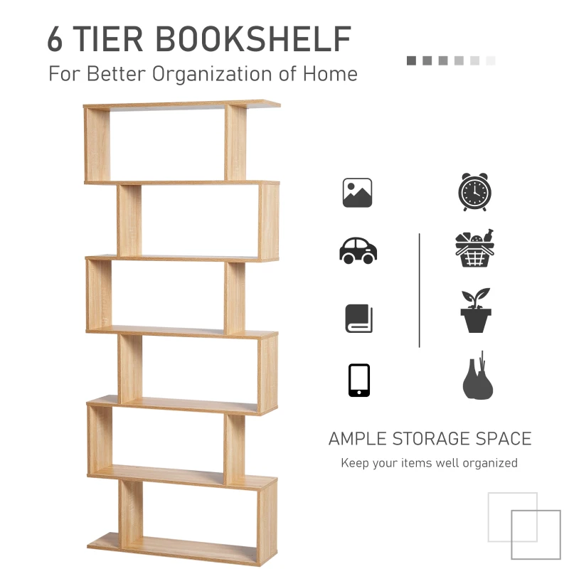 HOMCOM 75.5" H Bookcase 6 Shelf S-Shaped Bookshelf Wooden Storage Display Stand Shelf Organizer Free Standing, Oak