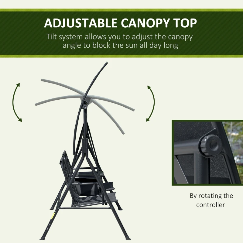 Outsunny 2-Seat Outdoor Porch Swing, with Pivot Storage Table, Cup Holder, & Adjustable Overhead Canopy, Stand's Skid-Resistant Feet Pad, Breathable Mesh Seat, Steel Frame, for Patio, Black